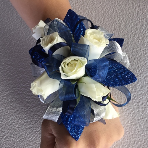 White Flower & Blue Ribbon Corsage